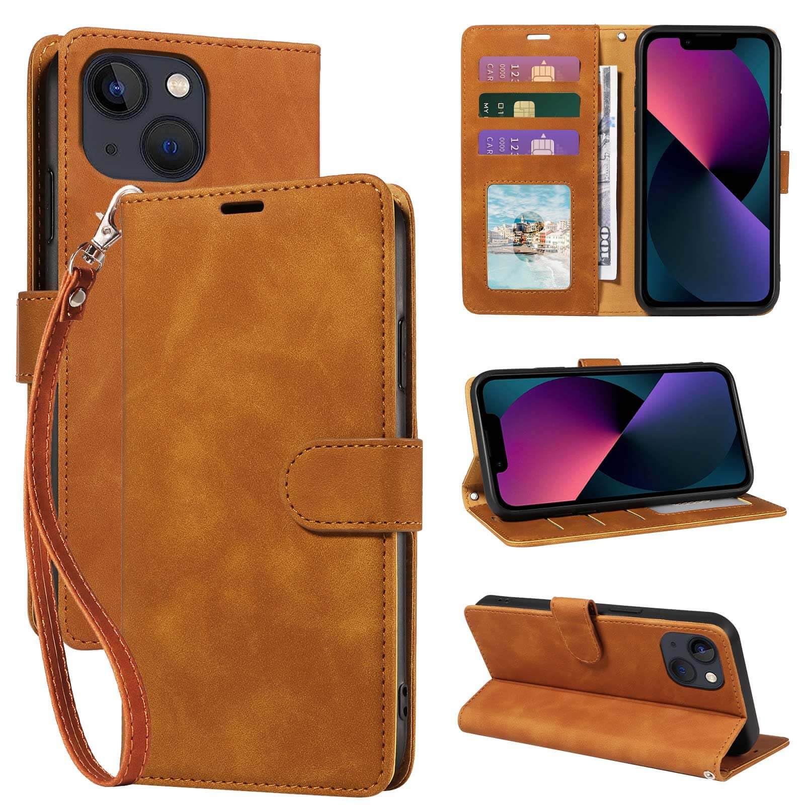 GOTOURED for iPhone 13 Mini Phone Case Wallet, RFID Blocking 3 Card Slots, Wrist Strap, Kickstand, Magnetic Closure, Shockproof Protective Soft Leather Flip Cover (Brown)