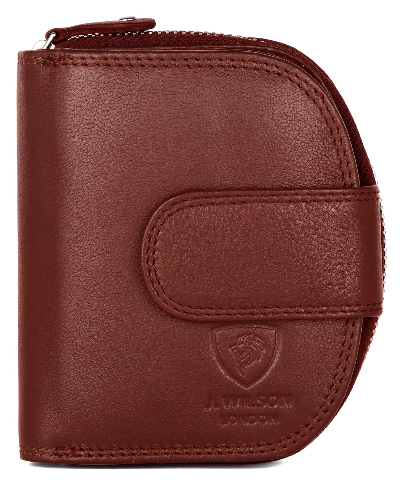 J. Wilson London Ladies RFID Safe Designer Leather Purse Card Women Wallet Zip Pocket Boxed (Dark Burgundy)