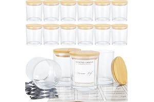 Creahaus 10oz, 16 Pack Thick Candle Jars with Bamboo Lids for Making Candles, Bulk Clear Empty Glass Candle Containers & Sticky Labels, Warming Labels Kit, Heat Resistant Candle Vessels