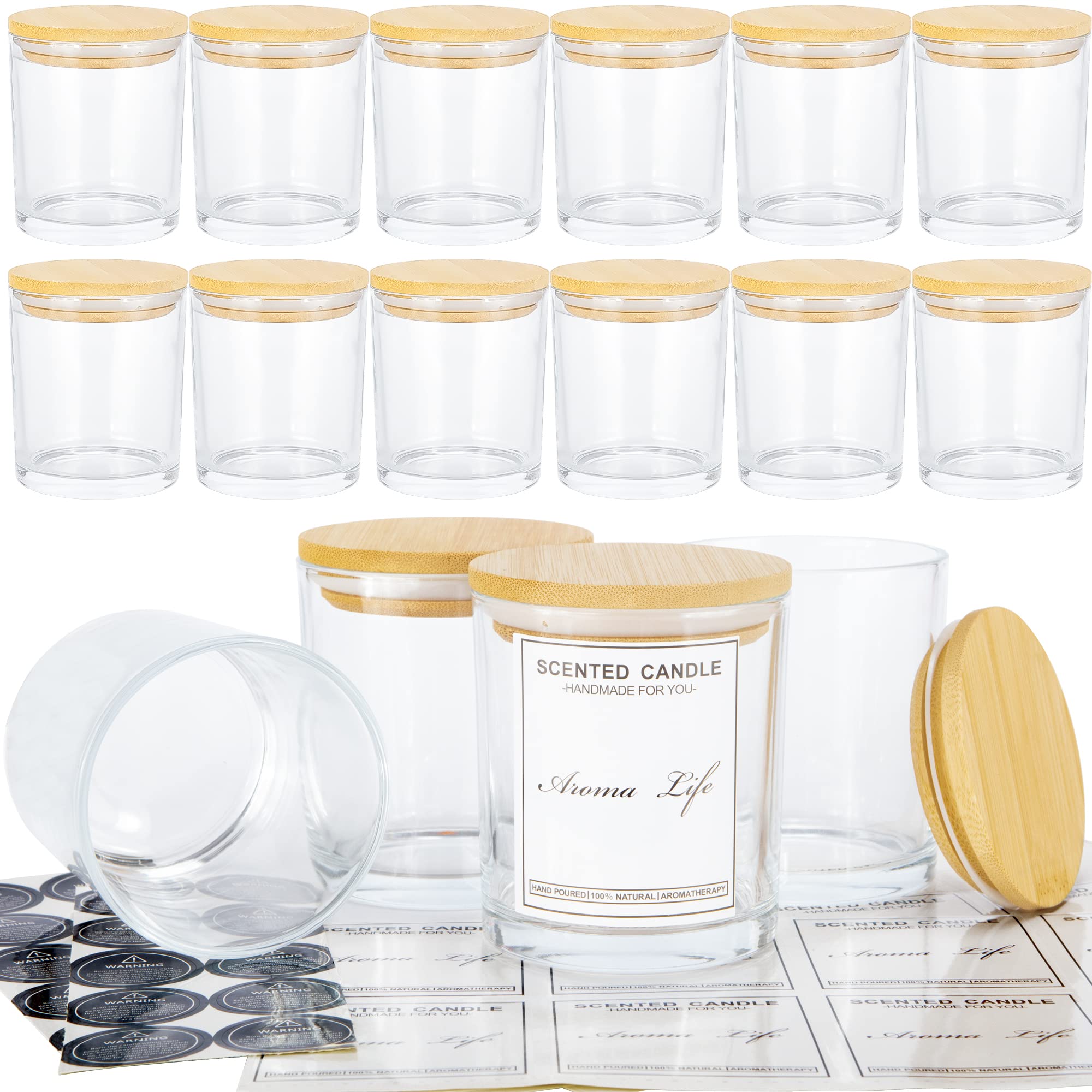 Photo 1 of ****MISSING PCS****Creahaus 10oz, 16 Pack Thick Candle Jars with Bamboo Lids for Making Candles, Bulk Clear Empty Glass Candle Containers & Sticky Labels, Warming Labels Kit, Heat Resistant Candle Vessels