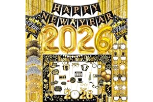 HEYPRIIL Happy New Years Decorations 2026, New Year Eve Party Supplies Kit Included Foil Curtains Banner Photo Frame Headband Glasses NYE New Year Party Glasses Foil Ballons Party Favor Decor