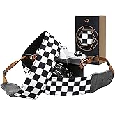 Padwa Lifestyle Black and White Plaid Camera Strap - 2" Wide Double Layer Cowhide Head,Cotton Camera Shoulder Straps,Grid Pattern Adjustable Camera Neck Strap for all Cameras,Gift for Photographers