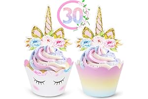 ECOZEN LIFESTYLE ecoZen Unicorn Cupcake Toppers and Wrappers Decorations, Reversible Rainbow Cupcake Liners with Unicorn Toppers, Cute Decorating Supplies for Girl Birthday Party, 30 of Each