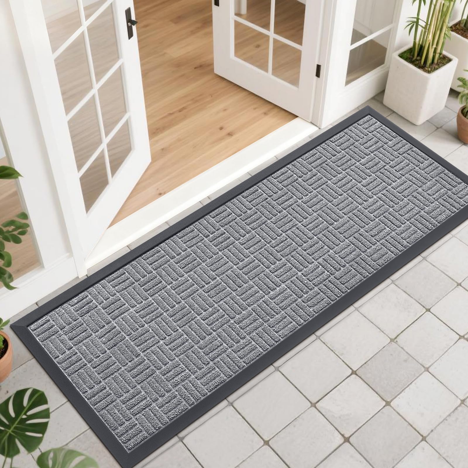 OLANLY Front Door Mat Outside Entrance 47x17, Absorbent, Heavy Duty Sturdy Natural Rubber Doormat Indoor Outdoor, Non-Slip, Stain and Fade Resistant, Low Profile Floor Mat for Entryway, Charcoal Gray Image