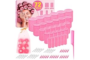 YHOVID 5 Size Hair Rollers, 72Pcs Roller Set, Hair Curlers for Blowout Look Long, Short Hair, Jumbo Large Big Small 30 Hair Rollers, 40 Roller Clips, Tail Comb, Storage Bag