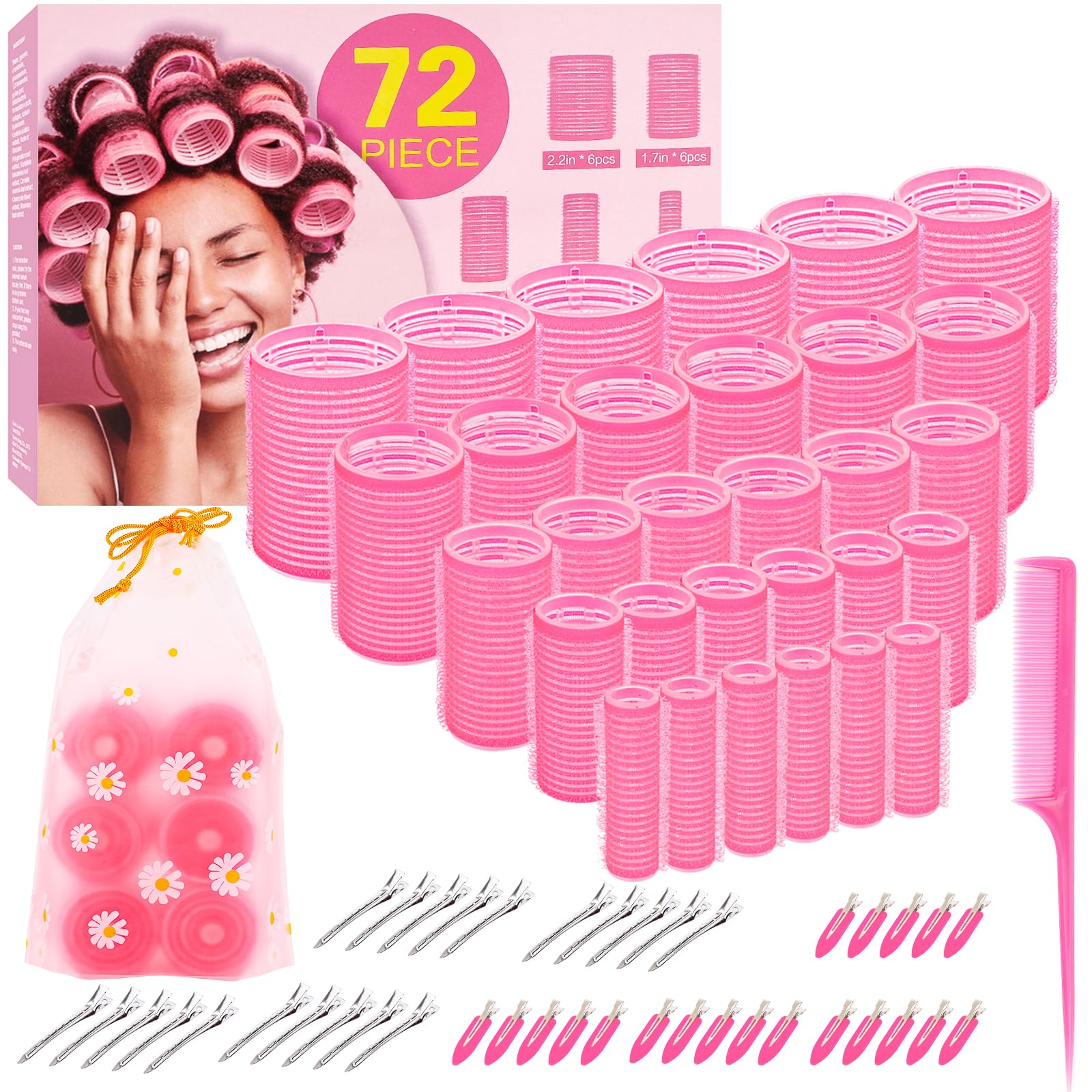 Photo 1 of 5 Size Hair Rollers, 72Pcs Roller Set, Hair Curlers for Blowout Look Long, Short Hair, Jumbo Large Big Small 30 Hair Rollers, 40 Roller Clips, Tail Comb, Storage Bag