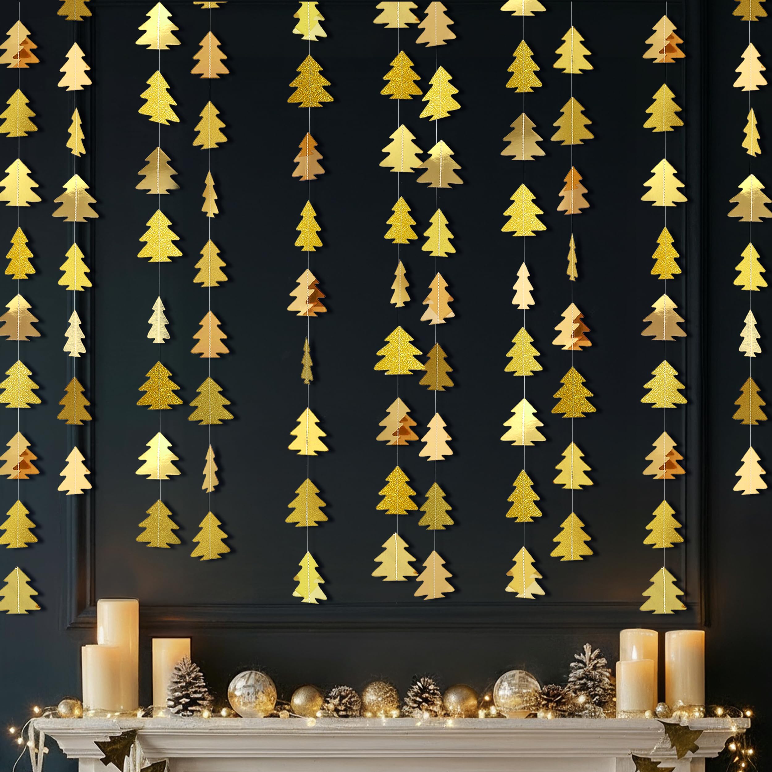 Cheerland Glitter Gold Christmas Tree Garland Kit for Xmas Home Party Decoration Hanging Streamer Backdrop Xmas Tree Garland Decor for Living Room Mantle Window Doorway