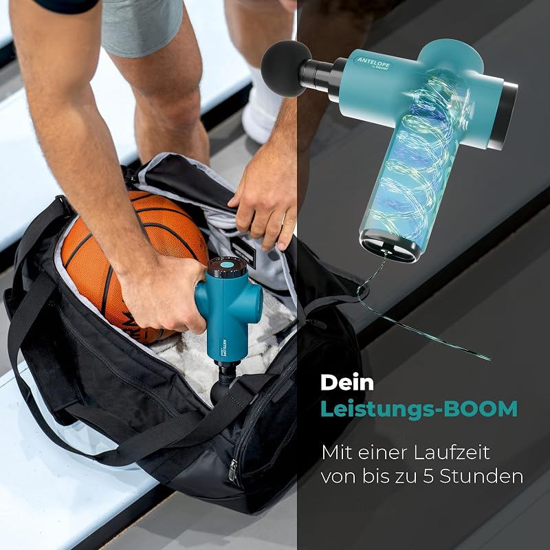 Antelope BOOM Massagepistole, kompakte Massage Gun mit 4 Aufsätzen, für Entspannung und Regeneration, kraftvolle Triggerpunktmassage, Muskelmassagegerät mit 5 Intensitätsstufen & Akku
