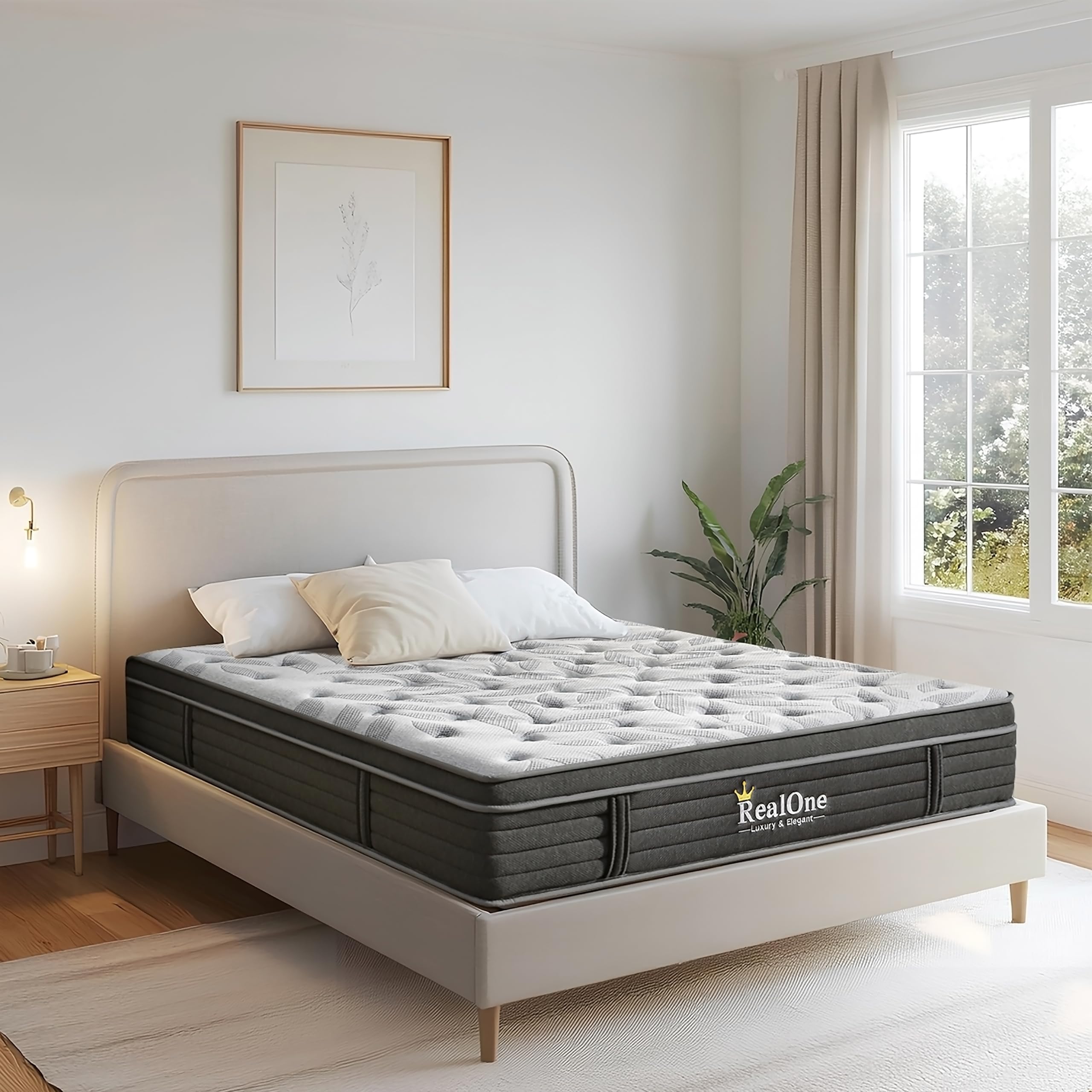 Photo 1 of ******Photo and description are for reference only************REALONE Queen Size Mattress,10 Inch Hybrid Mattress in a Box with Memory Foam and Pocket Springs,Medium Firm for Pressure Relief,Edge Support,Gray Black