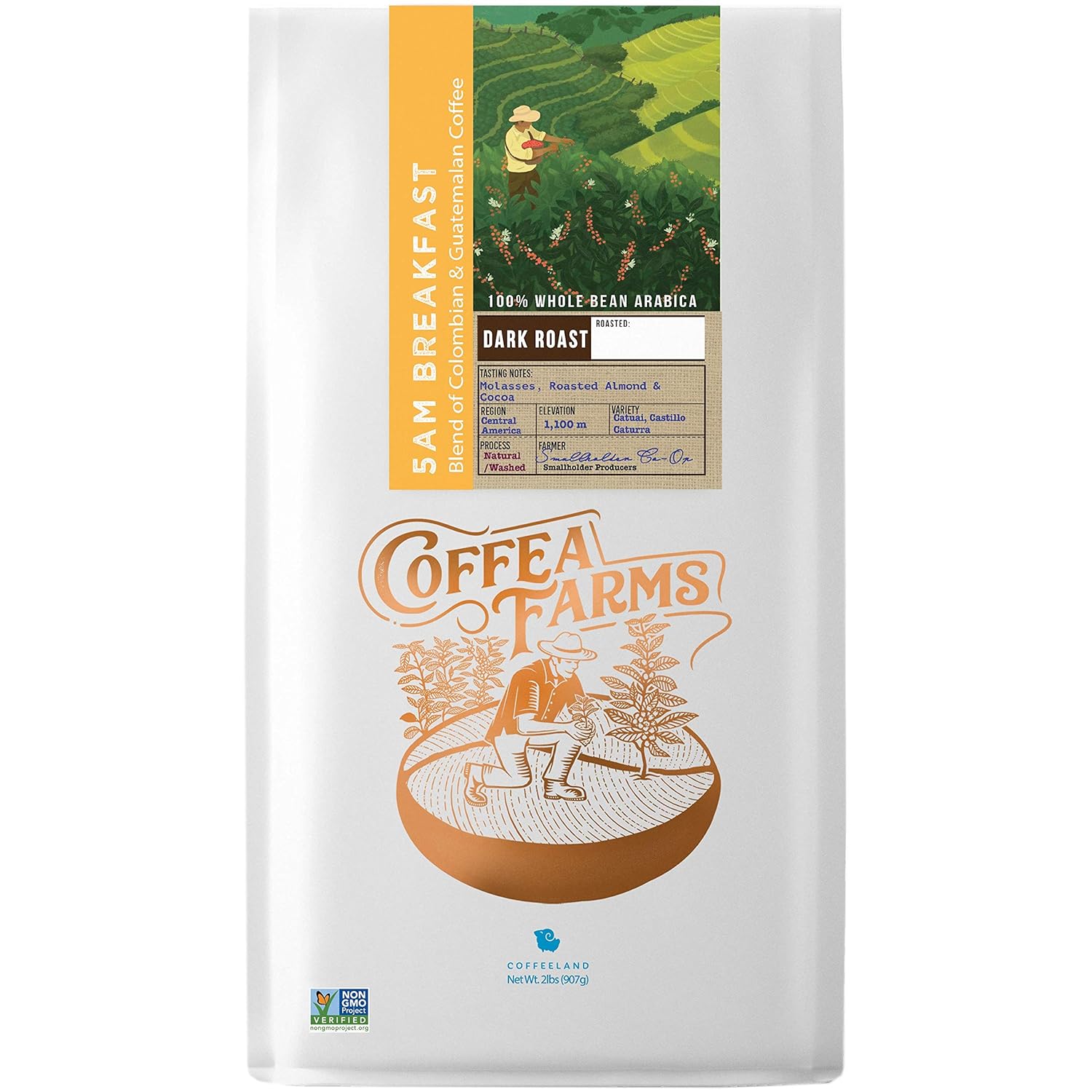 32 oz (2 LB) 5AM Breakfast Blend - Colombia & Guatemala Dark Roast Whole Bean Coffee - Coffea Farms
