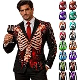 Mens Halloween Blazer Jacket Skeleton Print Single Button Long Sleeve Suit Coat Scary Horror Party Cosplay Club Costume