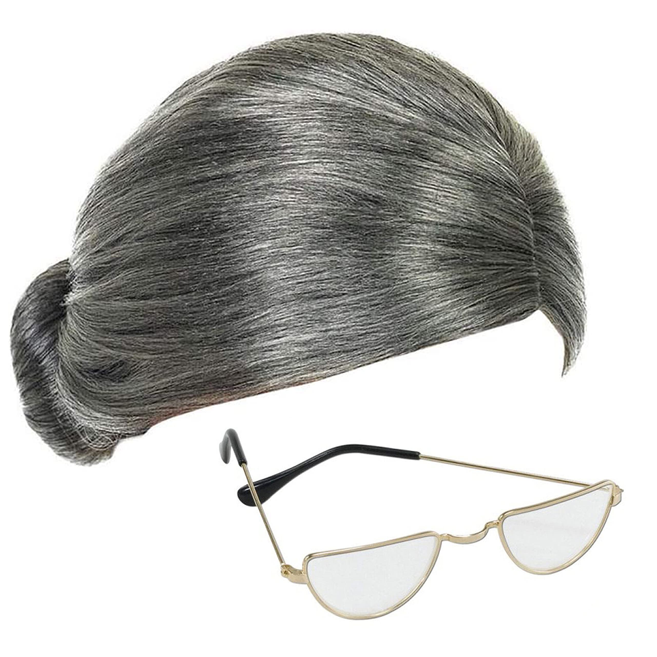 Robelli Grey Granny Wig and Half-Moon Glasses Mrs Claus Fancy Dress Accessories