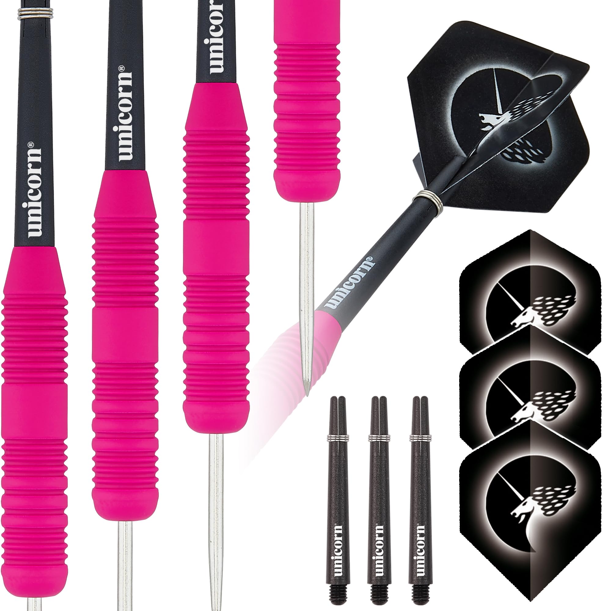 Unicorn Steel Tip Darts Set | Core Plus | Smooth Comfortable Rubberised Brass Barrels | Pink | 26 g