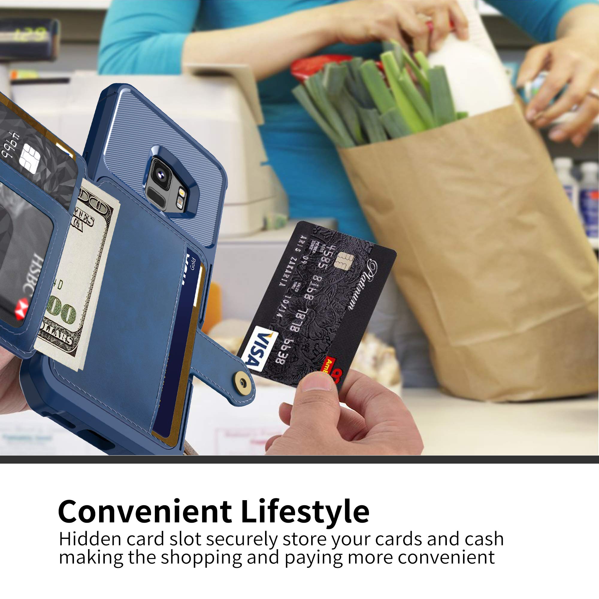 Galaxy S9 Wallet Case, Sumsung S9 Durable Shockproof Slim Magnetic Flip Leather Card Slots Holder Kickstand Protective Case Cover Included Car Phone Mount (Blue)