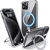 Flyzoo Magnetic Case for iPhone 15 Pro Max - [Built-in Invisible Stand] [Compatible with MagSafe] [Military Grade Drop Protection] Anti-Yellowing Hard Back Silicone Edge Cover, 6.7", Clear