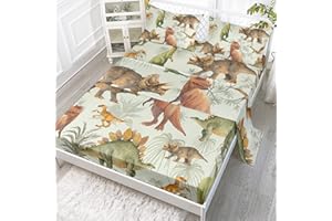 BailiPromise Dinosaur Sheet Set for Boys Queen Size Jurassic Kids Bedding 4 Piece Super Soft Microfiber Sheets Deep Pocket T-rex Triceratops Fitted Flat 2 Pillow Shams,