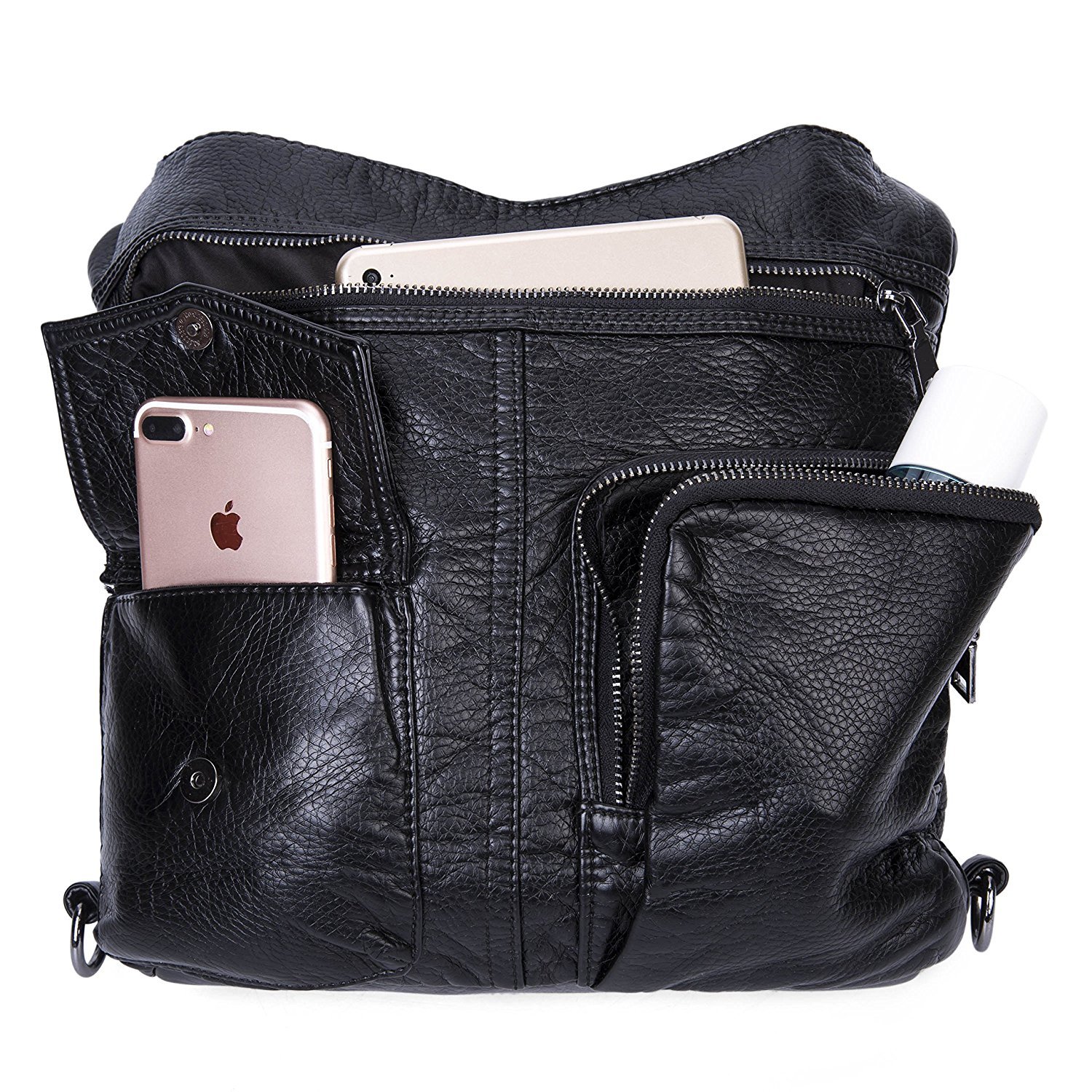 Bolsos de hombro Impermeable Mochila para mujeres Cuero PU suave lavado Bandolera Vintage Señoras-Negro2