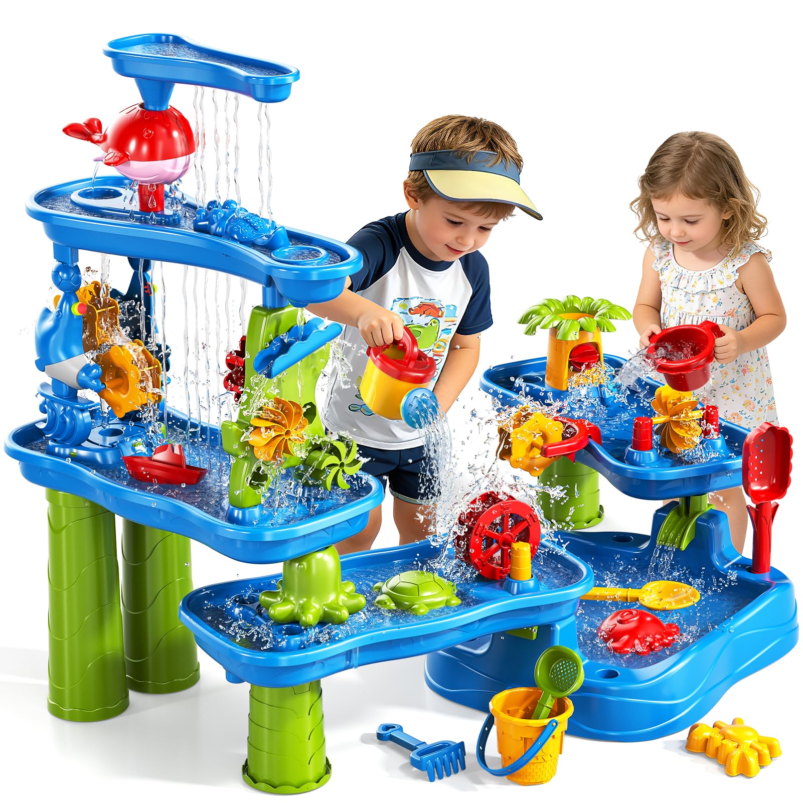 Sand and Water Table for Toddlers 18M+, 5-Tier Outdoor Toys and Play Activity Set for Kids Boys Girls Toddlers Ages 3 4 5 6 7 8 Years, Kids Sand Water Play Table Summer Beach & Pool Toys for Yard