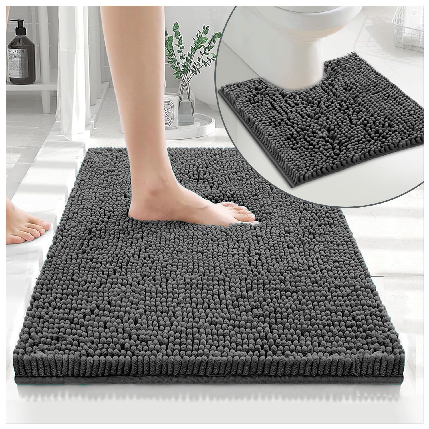 GC GAVENO CAVAILIA 100% Microfiber Toilet Rug Set, Loop Bath Mat Non Slip, Pedestal Mats For Bathroom, Charcoal, Regular (678700)