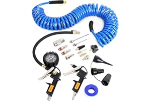 FYPower 16 Pieces Heavy Duty Air Compressor Accessory Kit, 1/4 inch 25ft Recoil Poly Air Compressor Hose Kit, 100PSI Tire Inflator Gauge, Blow Gun and Nozzles, 1/4" NPT Air Coupler and Plug Kit