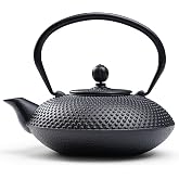 Traditional Japanese Cast Iron Teapot, Black, 800ml | Heavy Design, Textured Pattern, Asian Style with Enameled Interior &amp; Stainless Steel Tea Strainer