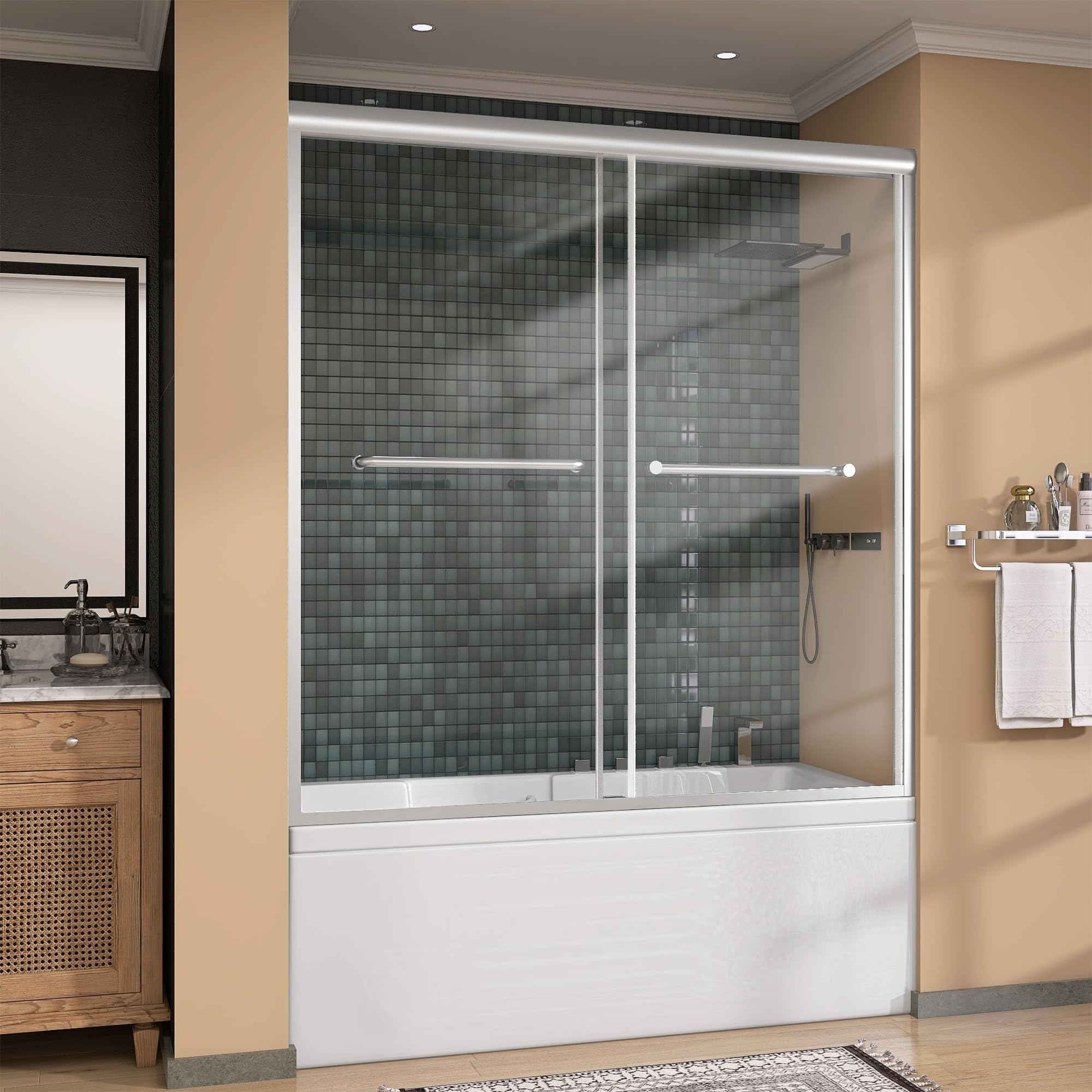 Photo 1 of GETPRO Tub Shower Door 56-60 in. W x 62 in. H Double Sliding Bathtub Door for Shower,Semi-Frameless Bypass Glass Shower Doors for Bath Tub with 5/16 inch Tempered Glass Brushed Nickel