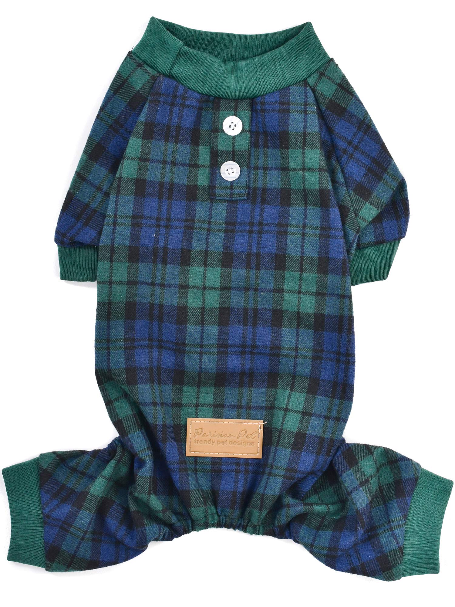 Parisian Pet Dog Pajamas - Cat/Dog Plaid Jumpsuit, Size S - Scottish Green Checkered Shirt - Ideal Everyday Outfit for Male Dogs and Cats