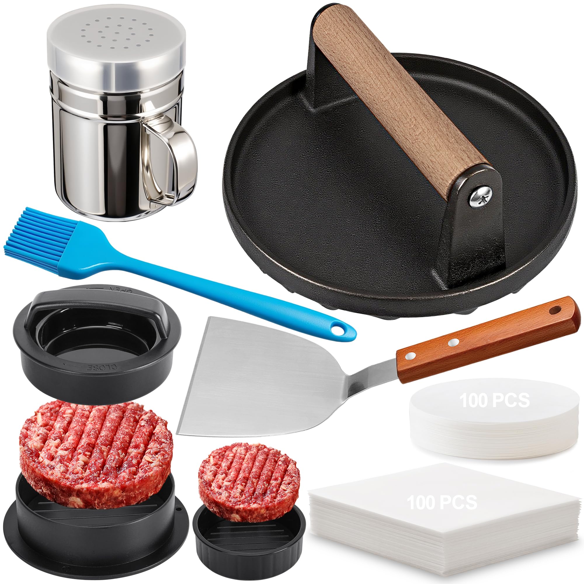 Photo 1 of 7Pcs Smash Burger Press Kit - 3 in 1 Hamburger Press Patty Maker, 7'' Cast Iron Burger Press, Spatula, Nonstick Patty Papers, Seasoning Shaker and Brush, Burger Smasher for Blackstone Griddle Grills