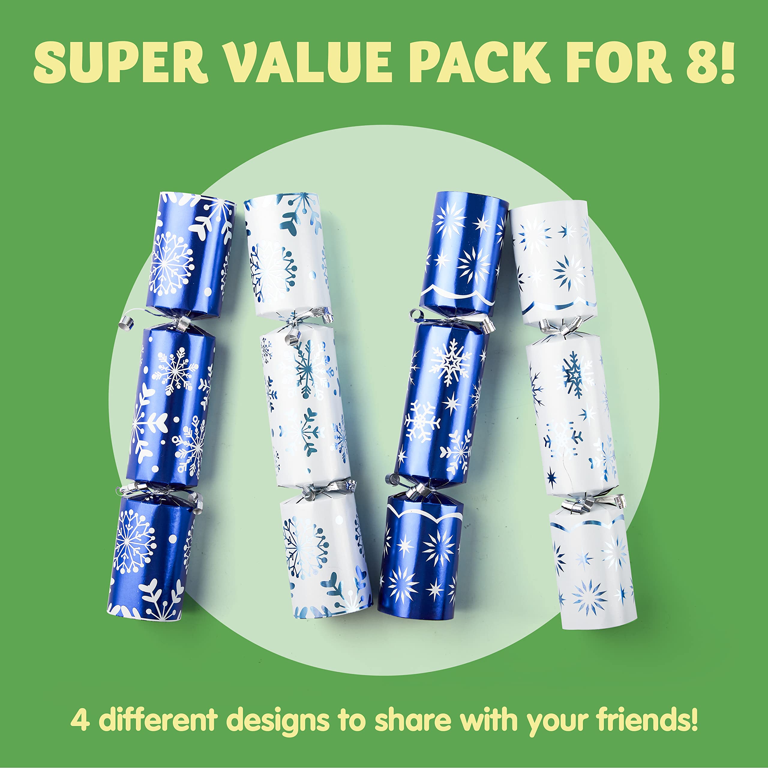 JOYN 8 Pack Christmas Non-Snap Party Table Favor with Blue & White Snowflake Design, with Party Hat, Joke & Little Gift Inside, for Xmas Gift, Christmas Seasonal Holiday Dinner Traditions