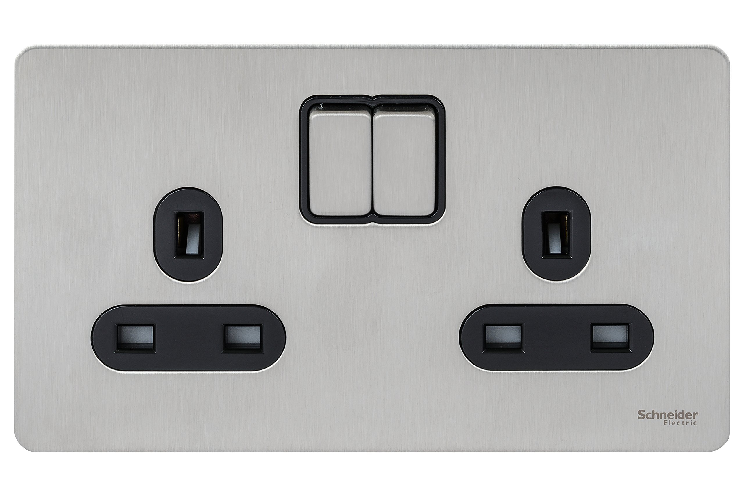 Schneider Electric Ultimate Screwless Flat Plate - Double Switched Power Socket, 13A, GU3420BSS, Stainless Steel with Black Insert, 2 Gangs