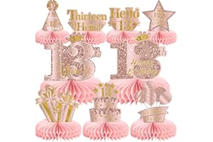 MOORAY 9Pcs 13th Birthday Decorations Pink Rose Gold Honeycomb Centerpieces for Girls,Happy 13th Birthday Table Centerpieces Party Supplies,Thirteen Year Old Birthday Table Toppers Decor
