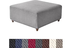 HFCNMY Stretch Knitted Jacquard Ottoman Cover - Thick Washable Slipcover for Square Storage Ottoman With Elastic Bottom, Gray, Large