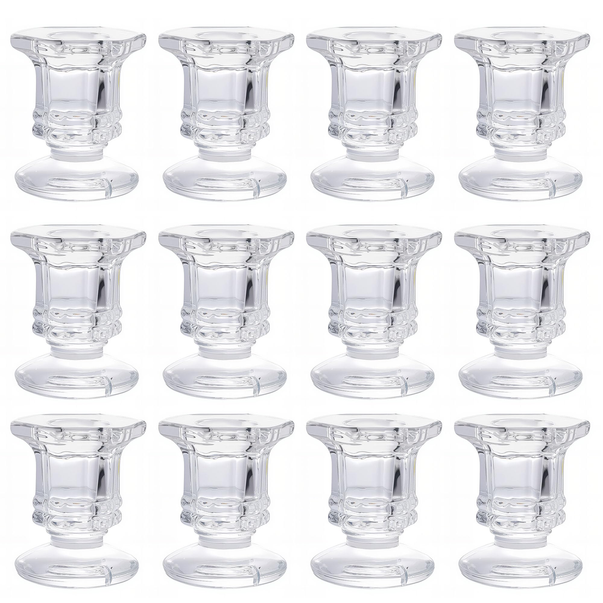 12Pcs Glass Candle Holder, Clear Taper Holders, Small Candlestick Stands in Bulk for Wedding, Dinner Table, Party, Festive Decor and Everyday Decoration (Clear)