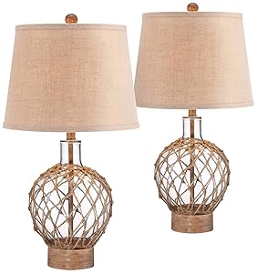 Coastal Table Lamps Set of 2 Rope and Clear Glass Jug Burlap Drum Shade for Living Room Family Bedroom Nightstand - 360 Lighting