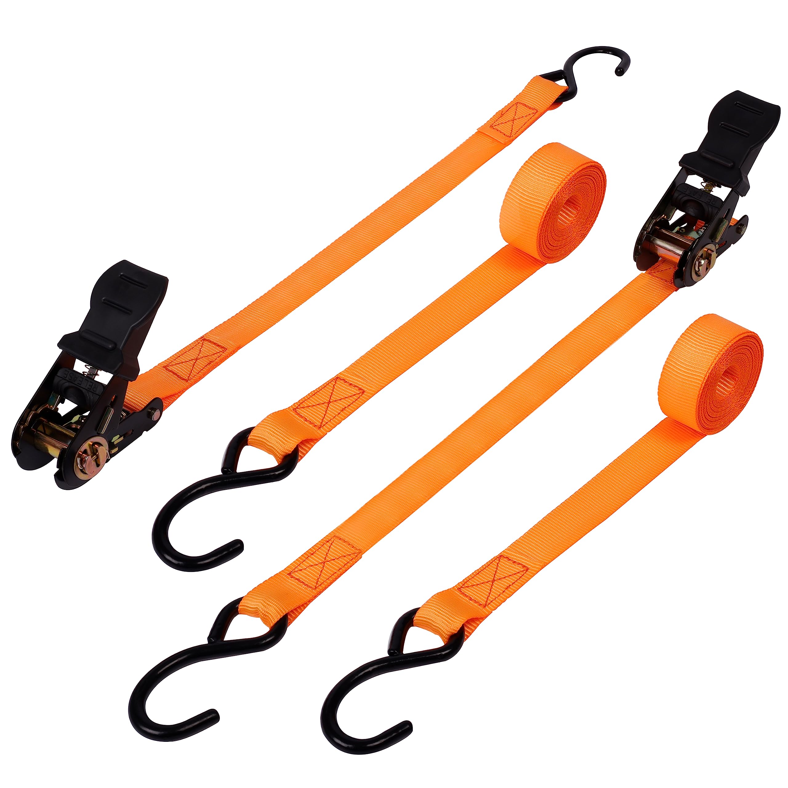 Belle Vous 2 Pack of Tie Down Ratchet Straps with S-Hooks & Rubber Handles - L4m/13ft x W25mm - 500kg/1102lbs Break Strength - Heavy-Duty Straps for Securing Cargo, Moving Appliances, & Motorcycles