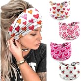 4 Pcs Valentine's Day Headbands for Women, Pink Wide Turban Dress Up Costume Breathable Stretchy Non Slip Head Wrap, Love Heart Printed Pattern Holiday Fall Winter Hair Band for Yoga Running Party