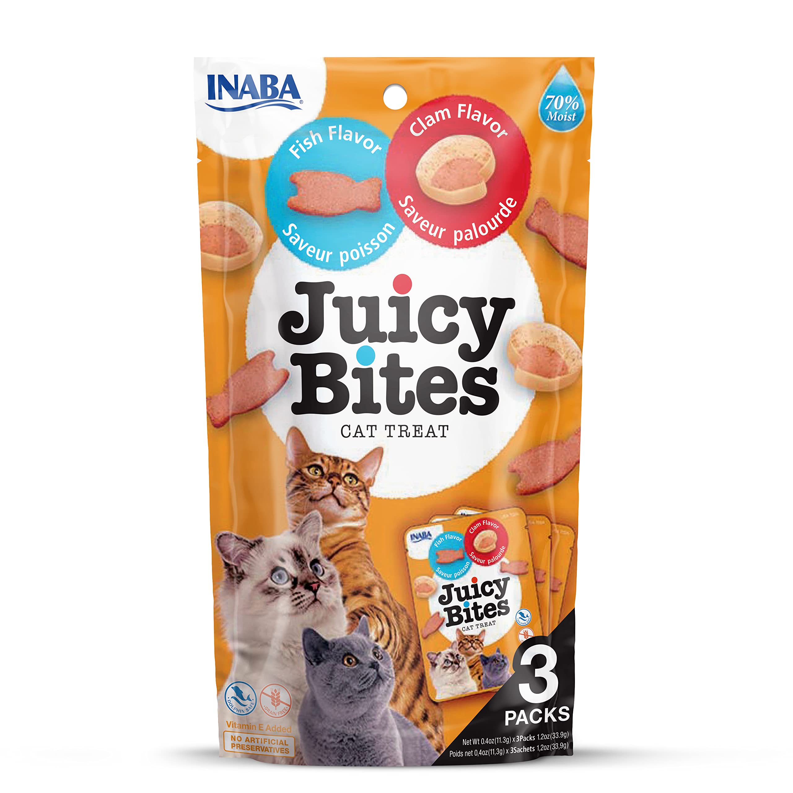 Juicy Bites by INABA Cat Treat - Fish & Clam Flavour 6-Pack (198g Total) / Soft & Moist Cat Treat, Delicious & Healthy Snack for Cats,Yellow