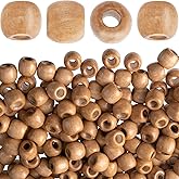 HINZIC 200pcs Large Hole Wooden Beads, Round Wood Hair Beads, Vintage Wooden Spacer Beads for Earrings Bracelets Anklets Jewelry Making Hair Accessories Keychains DIY Crafts- Light Coffee