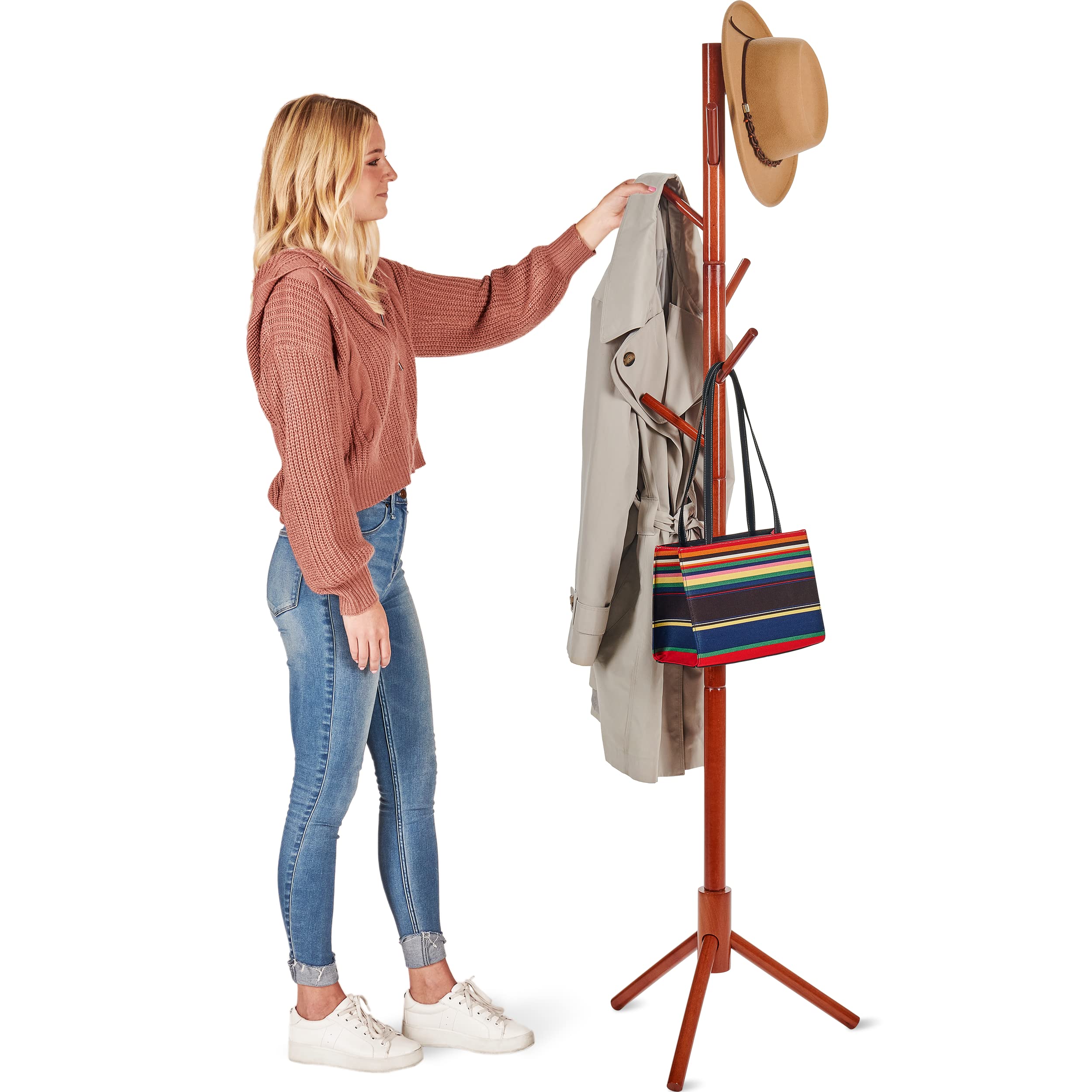 High-Grade Wooden Tree Coat Rack Stand, 6 Hooks - Super Easy Assembly NO Tools Required - 3 Adjustable Sizes Free Standing Coat Stand, Hallway Coat Hanger Hat Stand, for Handbag, Clothes & Accessories