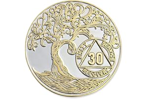 30 Year XL 40mm Nickel & Gold Plated AA Coin - Sobriety Mint Twisted Tree of Life Recovery Medallion/Chip - Silver/Gold