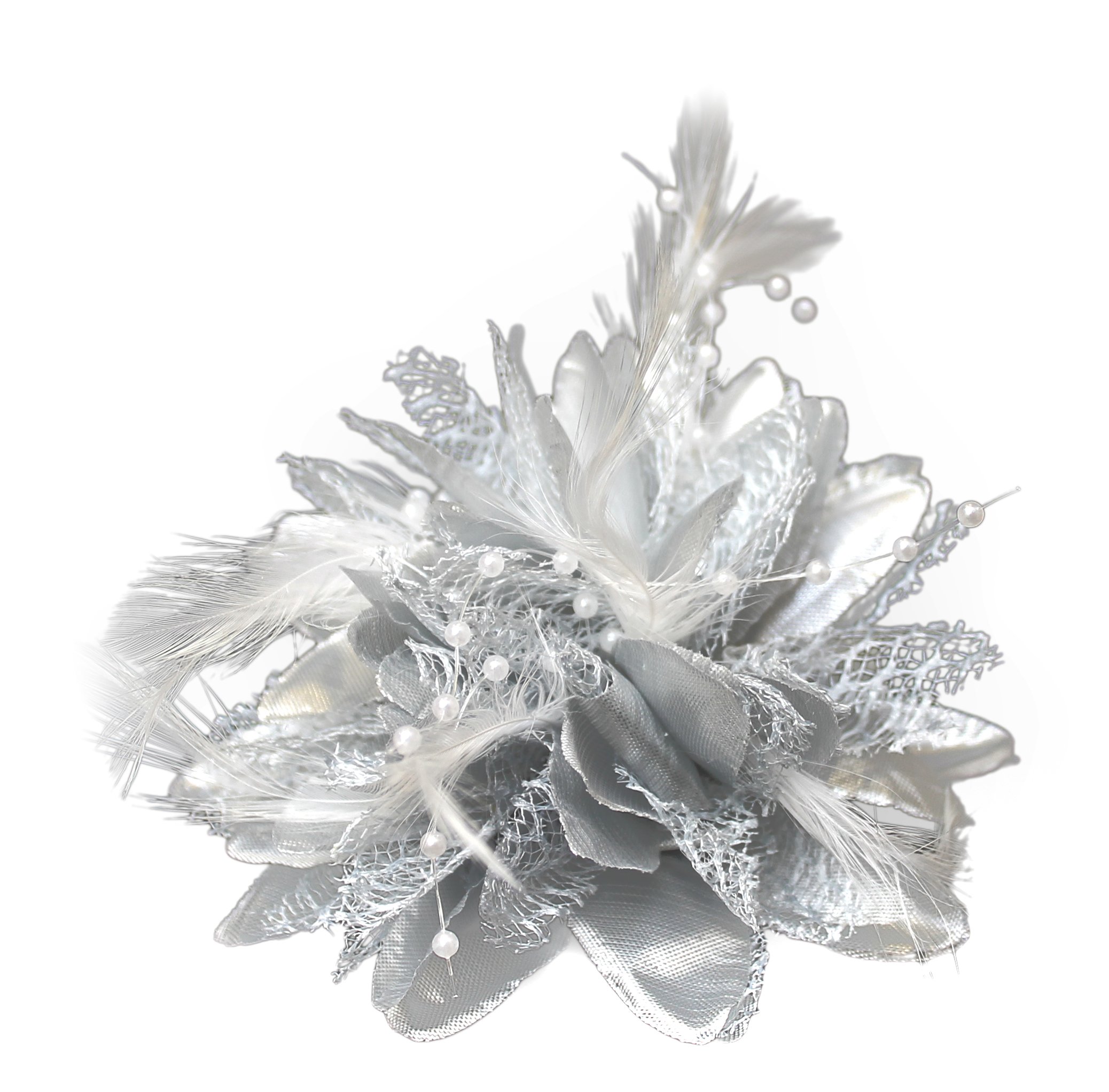 Flower Feather Bead Corsage Hair Clips Fascinator Hairband and Pin (Silver) — image 1
