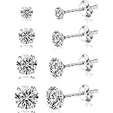 Yiorxu 4 Pairs 925 Sterling Silver Stud Earrings for Women, Cubic Zirconia 5A+ Earring Set (3/4/5/6 mm) for Cartilage Earring Stacks, Hypoallergenic Shiny CZ Studs for Sensitive Ears, Everyday Jewelry Gift Set