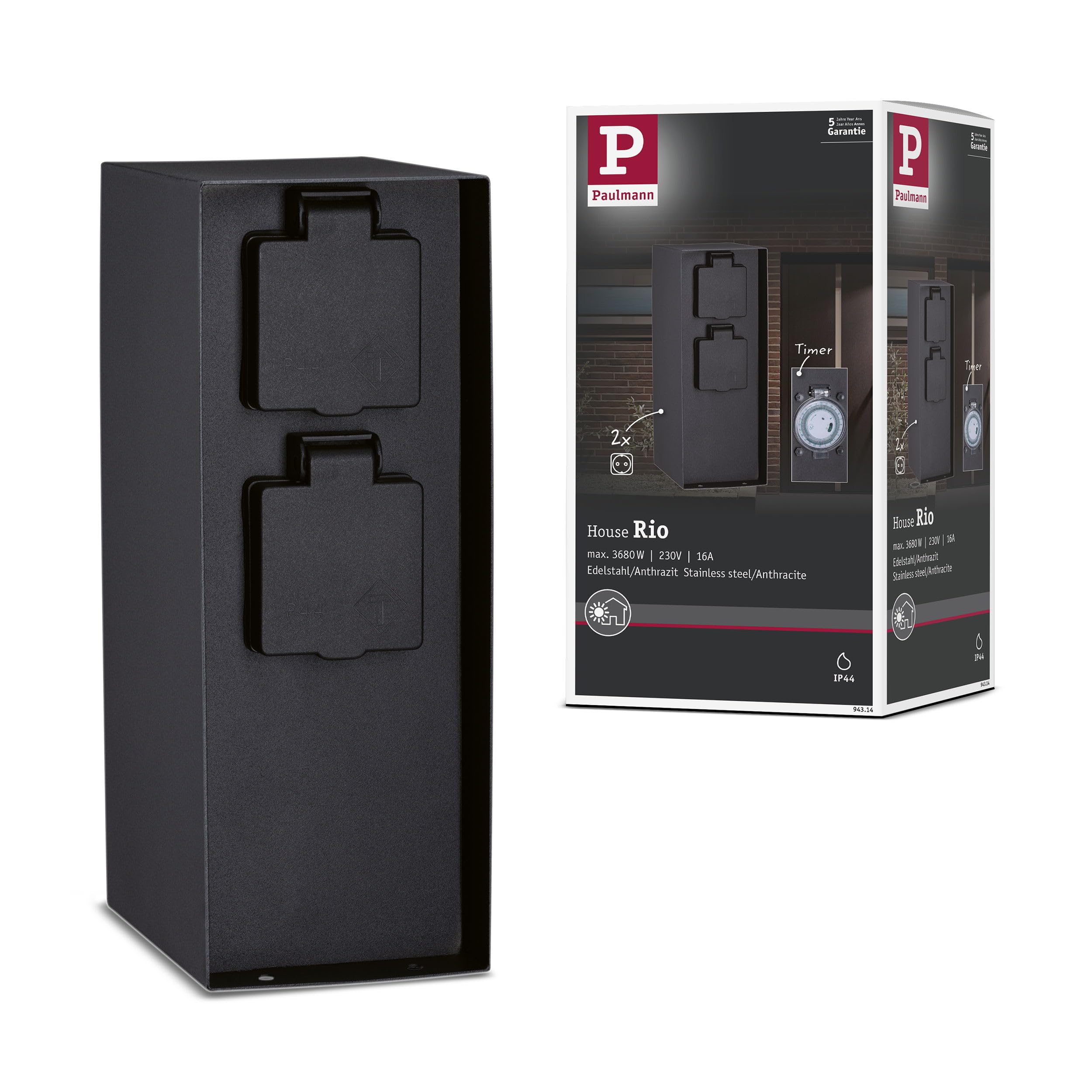 Paulmann RIO 94314 Outdoor Socket Column 2 Way Maximum 3.650 Watt Timer Outdoor Lighting Anthracite Garden Lighting Stainless Steel Control