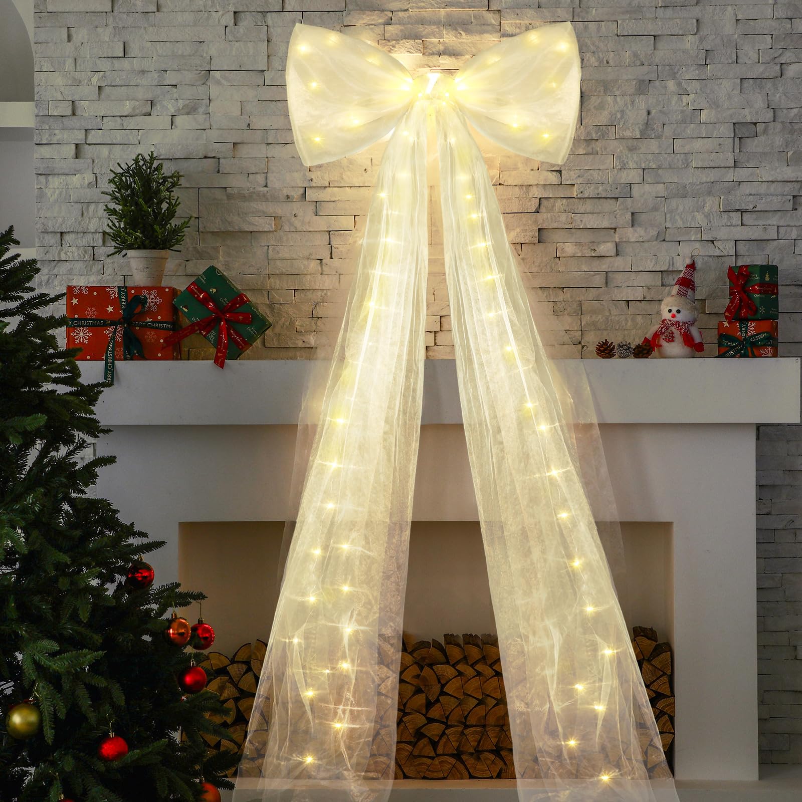 Photo 1 of 24 x 71 Inch Extra Large LED Christmas Tree Bows White Christmas Tree Topper Decor with LED Light Giant Xmas Bows for Home Wreath Wall Birthday Party Holiday Decor Supplies