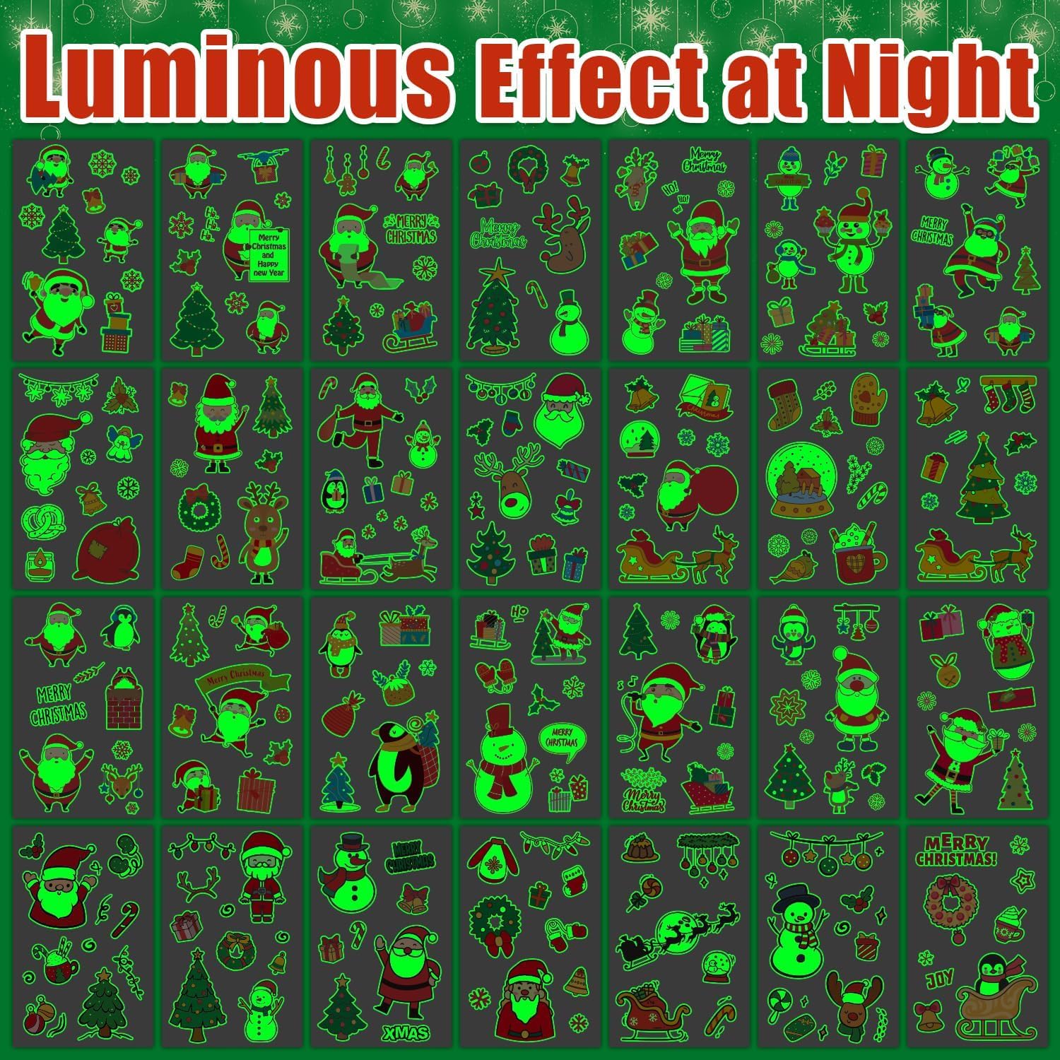 Partywind 56 Sheets (535 Glow Styles) Christmas Temporary Tattoos Party Decorations, Luminous Christmas Holiday Party Supplies for Kids Stocking Stuffers, Tattoo Stickers for Xmas