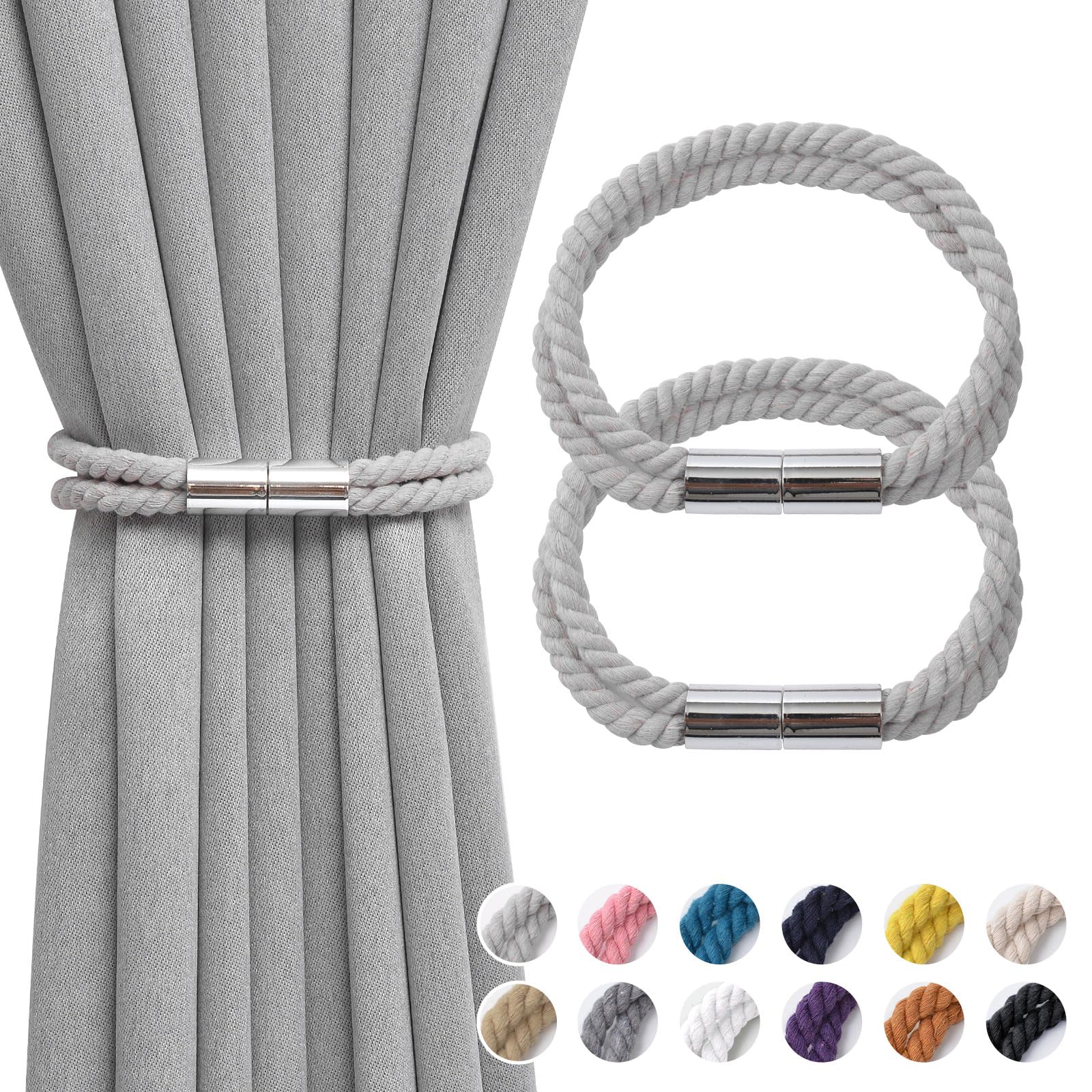 Pretty Jolly 2 Pack Strong Magnetic Curtain Tiebacks Boho Decoration Drape Tie Backs Natural Cotton Handmade Double Rope Curtain Holdbacks for Thin or Thick Home Office Window Drapery (Light Grey 2)
