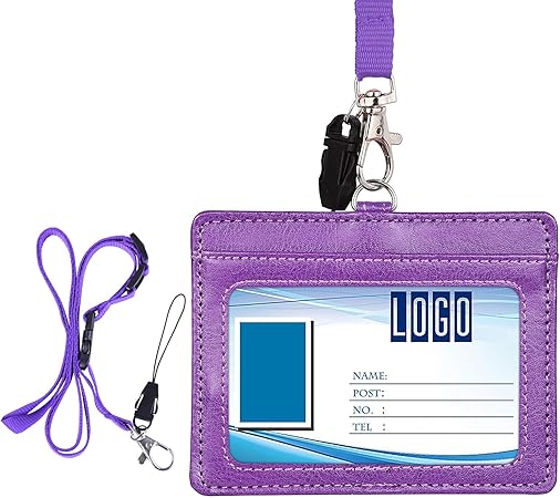 Amazon Idカードホルダー 横 Wisdompro Pu革 両面 調整可能 ネックストラップ付き 社員証 名札 定期入れ パスケース パープル 名札 ホルダー 文房具 オフィス用品
