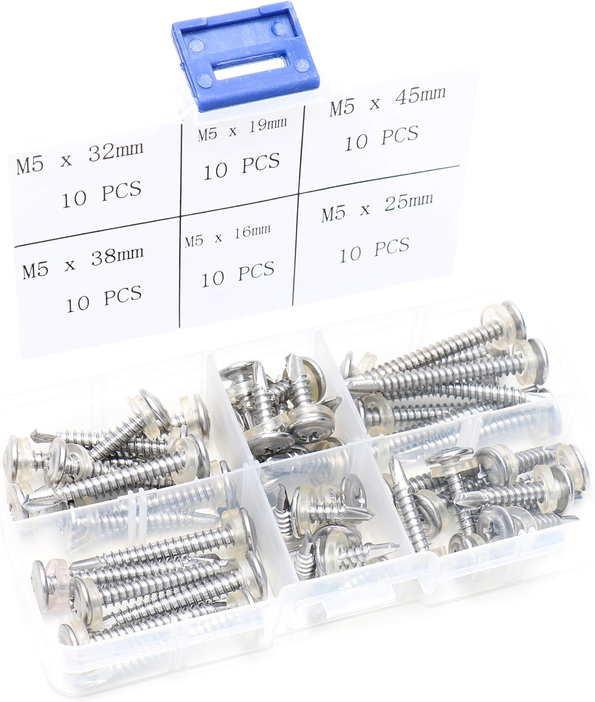 Castuvy M5 x 16mm/19mm/25mm/32mm/38mm/45mm Stainless Steel Round Head Phillips Self Drilling Screws Kit, with Waterproof Washer, 60 PCS