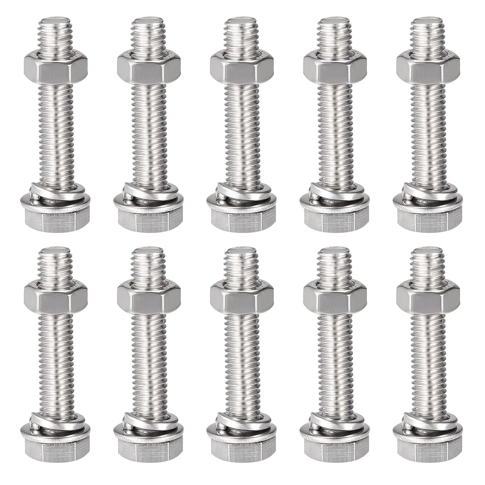 sourcing map M8 x 40mm Hex Head Screws Bolts, Nuts, Flat & Lock Washers Kits, 304 Stainless Steel Fully Thread Hexagon Bolts 10 Sets