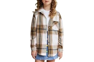 Flypigs Girls Long Sleeve Flannel Shirts Button Down Plaid Shacket Jacket Casual Collared Shirt Blouses Tops with Pocket